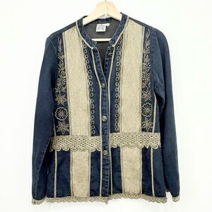Parsley & Sage Blue Tan Cotton Denim Embroidered Lightweight Boho Jacket